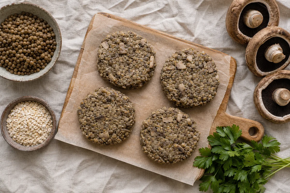 Galettes végétales aux lentilles et champignons grillés posées sur une planche en bois