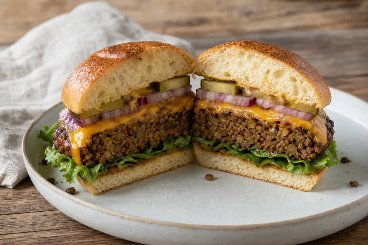 Burger végétarien monté en couches, garni de roquette et d oignon rouge