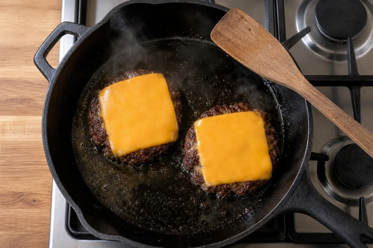 Tranches de cheddar jeune posées sur un steak haché en fin de cuisson dans une poêle en fonte