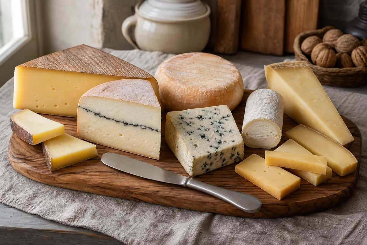 Assortiment de fromages français tranchés sur une planche en bois avec un couteau à fromage sans marquage