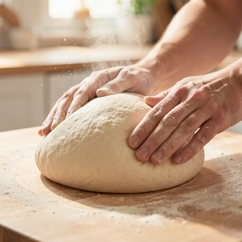 Mains farinées en train de bouler un pâton de pâte à pain sur un plan de travail
