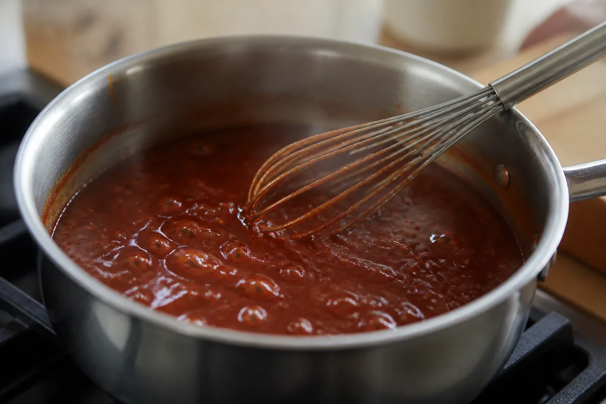 Casserole de sauce barbecue maison en train de mijoter à feu doux, fouet posé sur le rebord