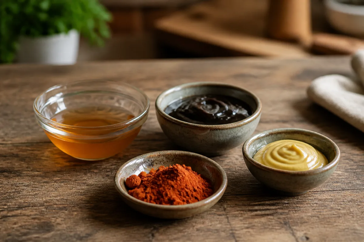 Bols d’ingrédients pour sauce barbecue, vinaigre de cidre, mélasse, paprika fumé et moutarde sur un plan de travail en bois