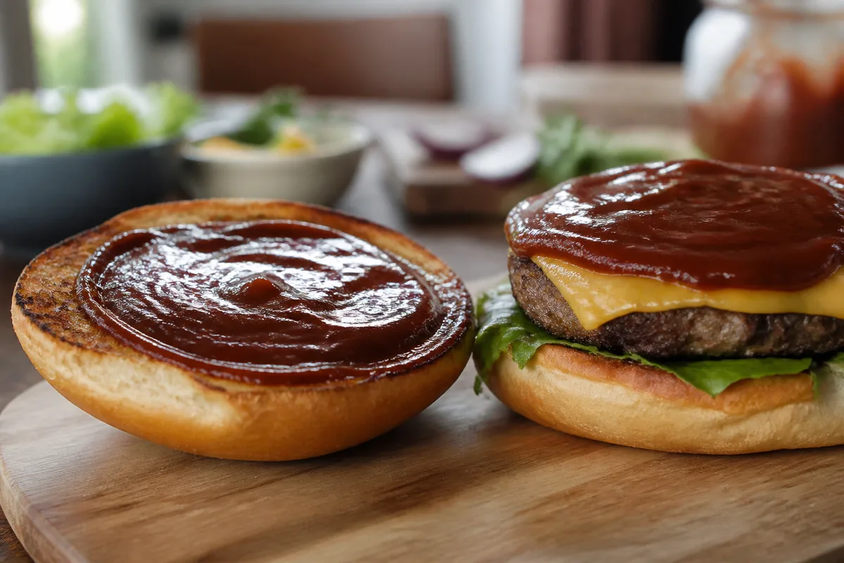 Burger maison ouvert avec une couche de sauce barbecue brillante sur le pain toasté