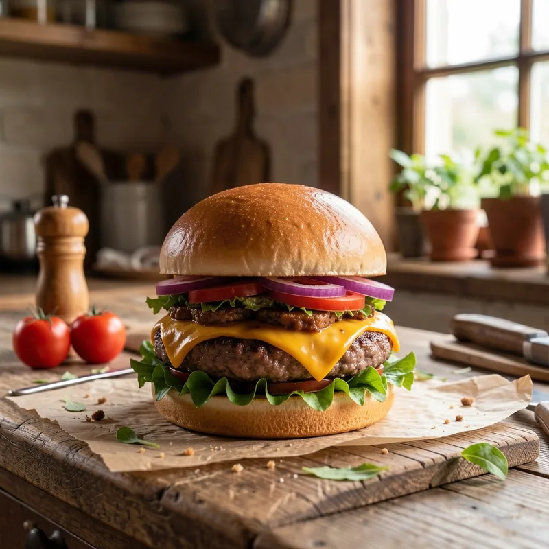 Burger maison généreux avec steak haché, fromage fondu et pain brioché doré